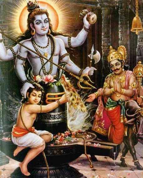 Abbildung von Markandeya, Yama und Shiva